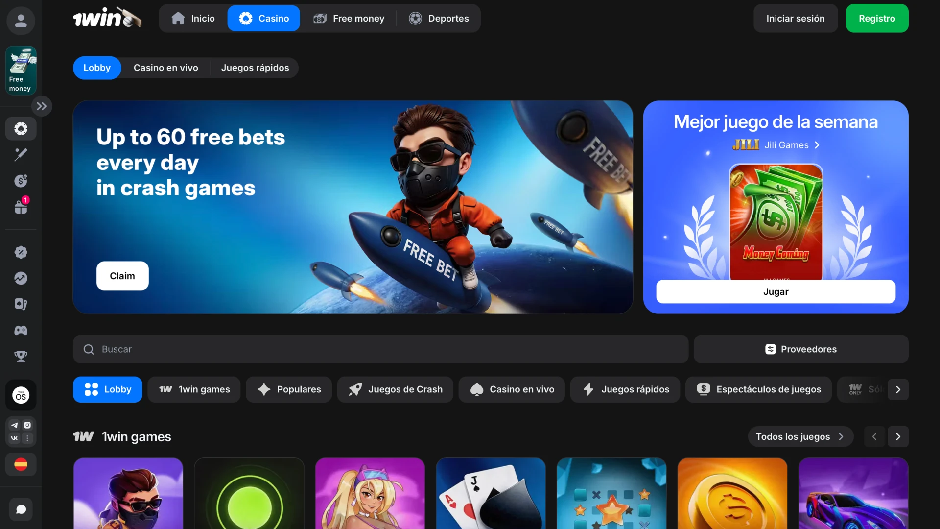 Interfaz del casino online de 1win con tragamonedas, juegos en vivo y bonos para Argentina.