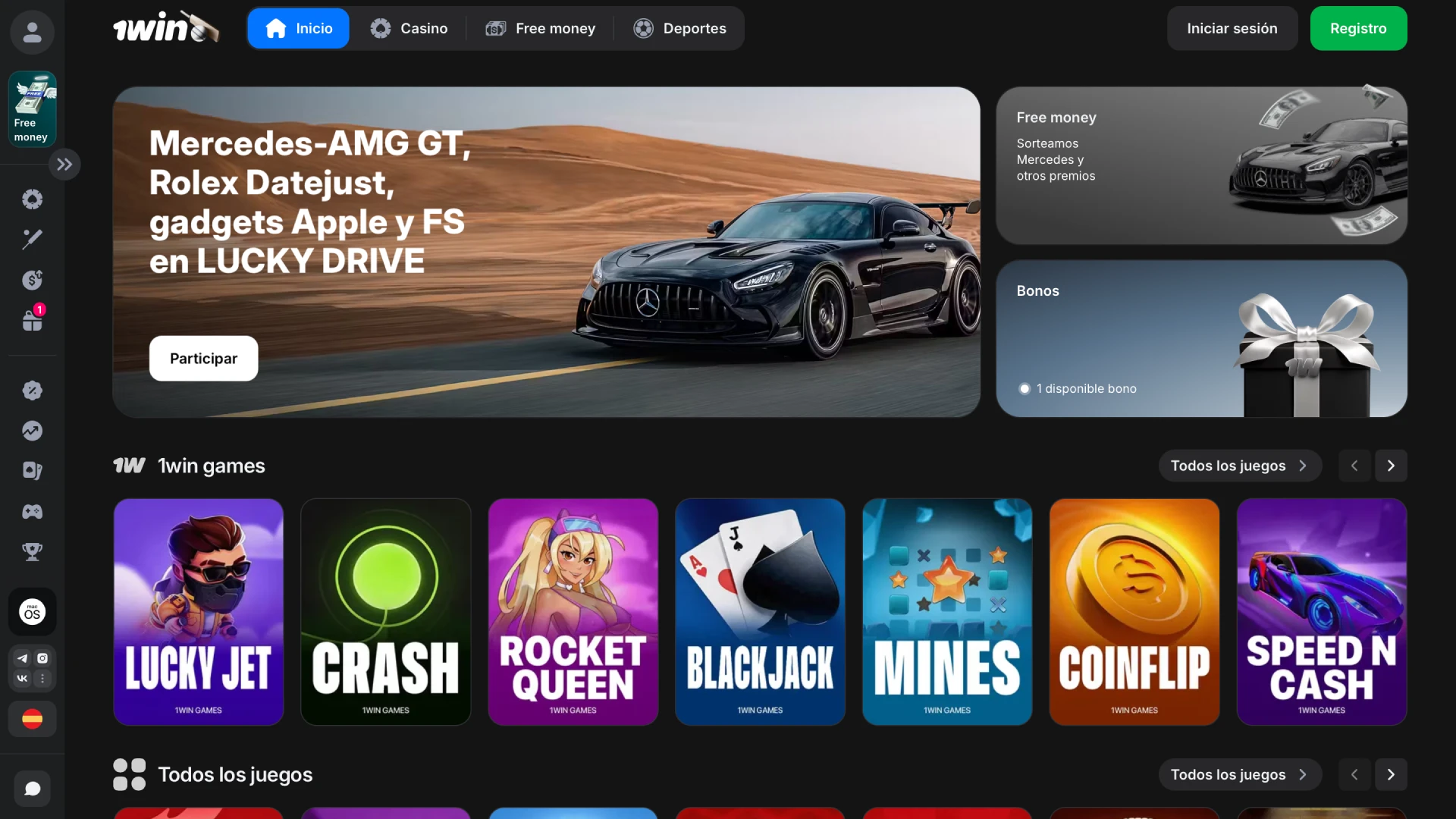 Vista principal del sitio oficial de 1win con acceso a deportes, casino y promociones en Argentina.