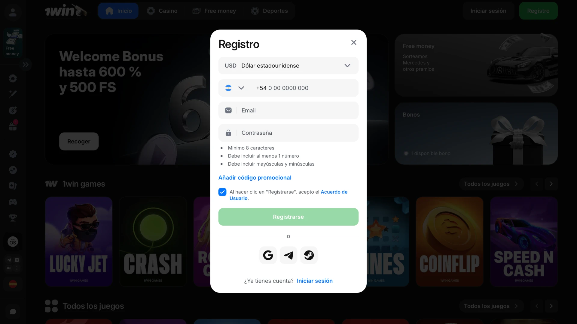 Formulario de registro rápido en 1win para crear una cuenta y activar el bono de bienvenida.