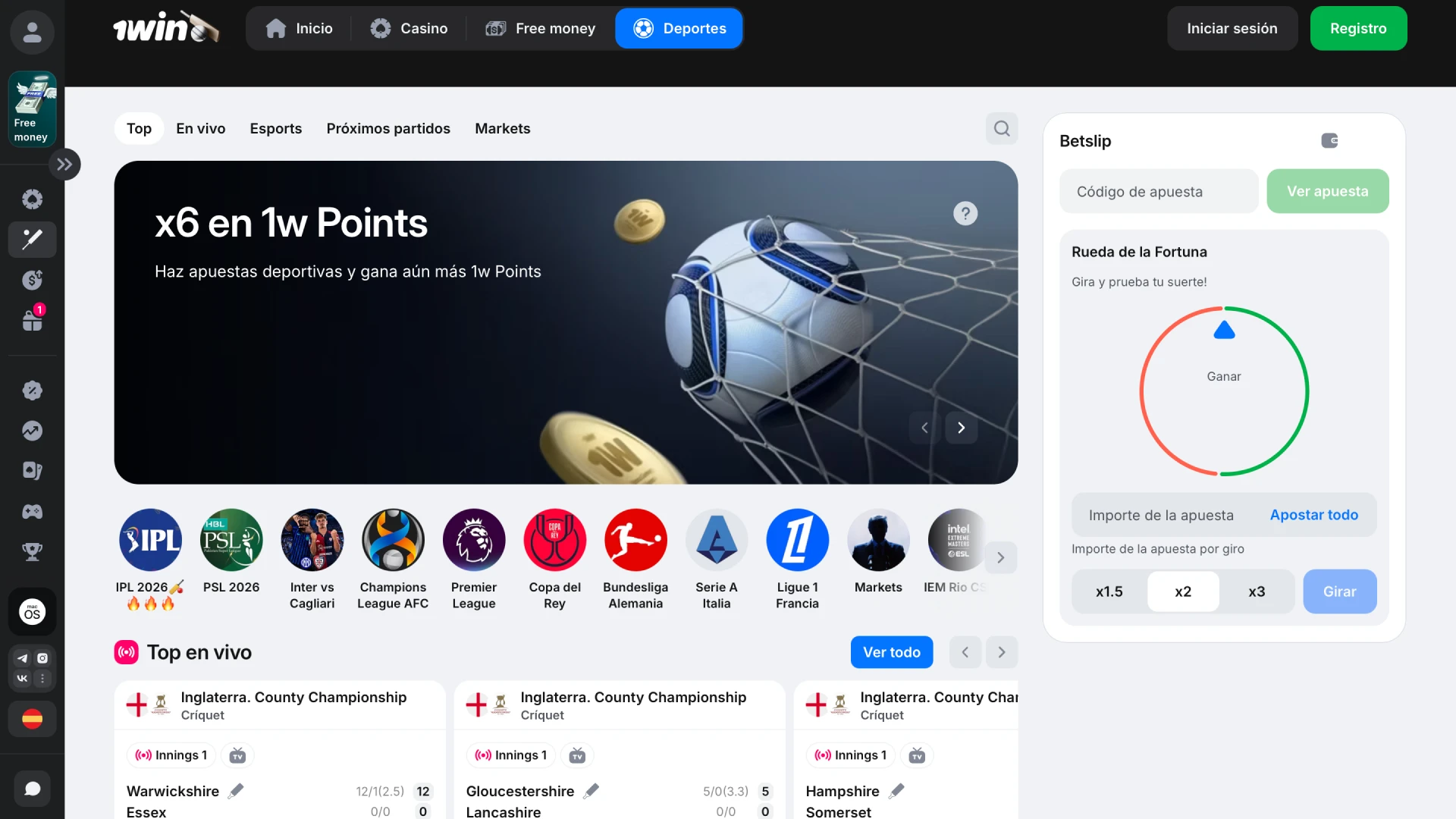 Interfaz de apuestas deportivas de 1win con cuotas actualizadas y mercados para Argentina.