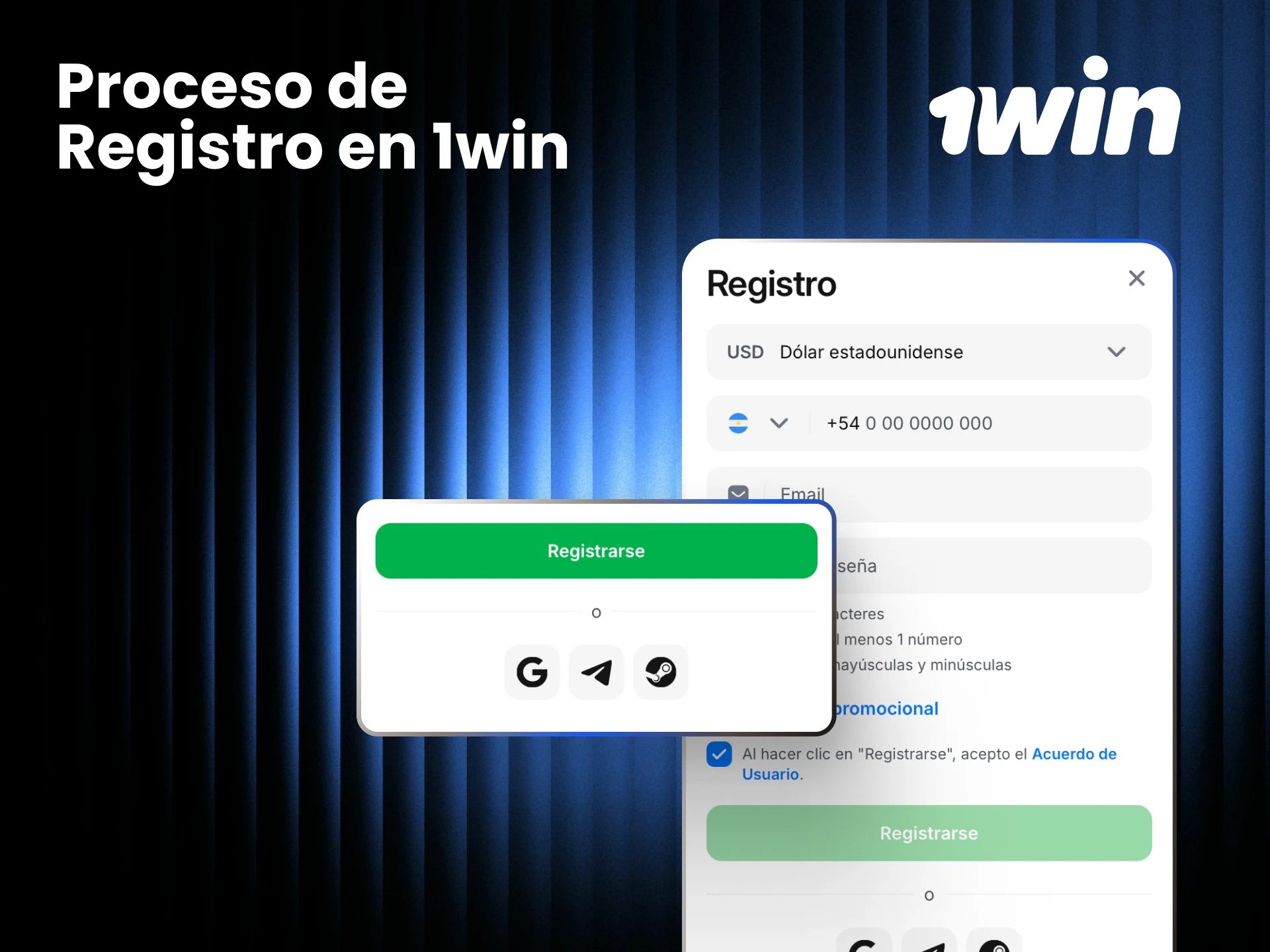 Proceso de registro en 1win para Argentina con cinco pasos para crear cuenta y activar bonos.